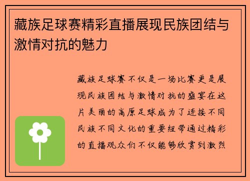 藏族足球赛精彩直播展现民族团结与激情对抗的魅力
